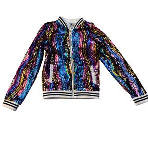 Mia New York Multicolor Sequin Bomber Jacket Girls M Striped Ribbed Trim Zipper